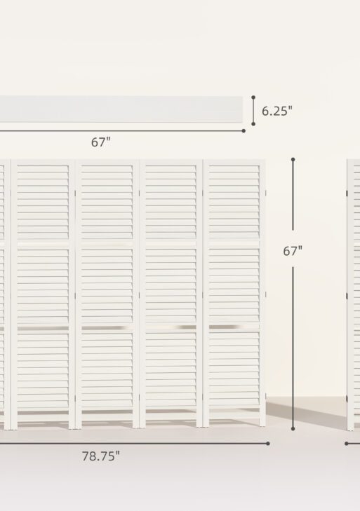 5 Panel 67" Tall Wood Privacy Screen Room Divider with 3 Shelves and Folding Storage for Bedroom, White
