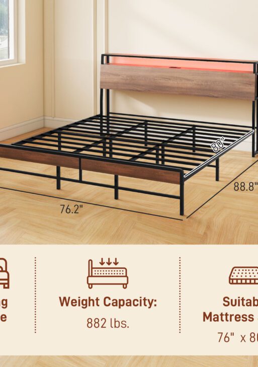King Size Bed Frame with LED Lights and Charging Station, King Bed Frame with Storage Headboard, Noise-Free, Walnut
