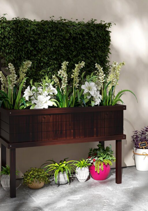 Elevated Wood Planter with Trellis for Climbing Plants, Raised Garden Bed with Legs and Drainage Holes, Carbonized