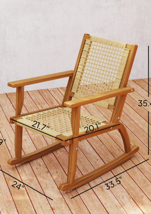 Outdoor Lawn Rocking Chair Set of 2, Acacia Wood Patio Rocking Chairs with Wicker Back and Seat for Garden, Khaki