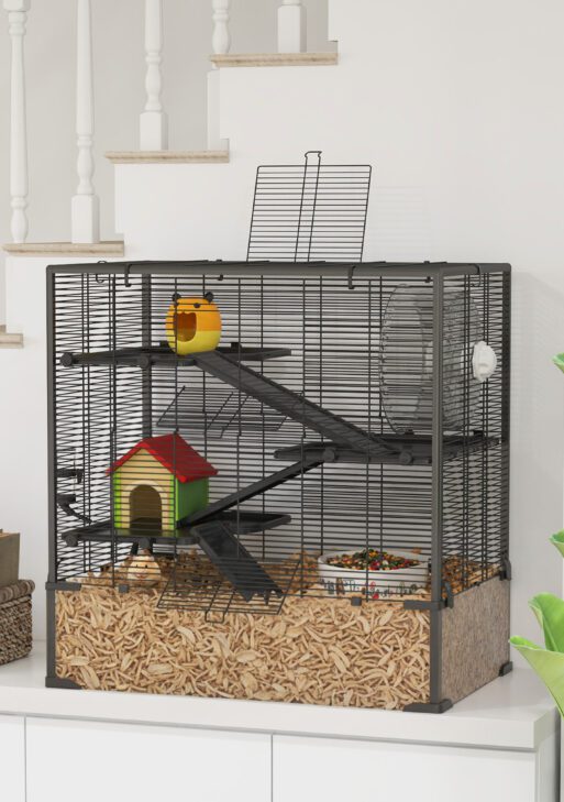 4 Tier Hamster Cage with Deep Tempered Glass Bottom, Running Wheel, Hut, Water Bottle, Food Dish, 31" x 19" x 31.5"