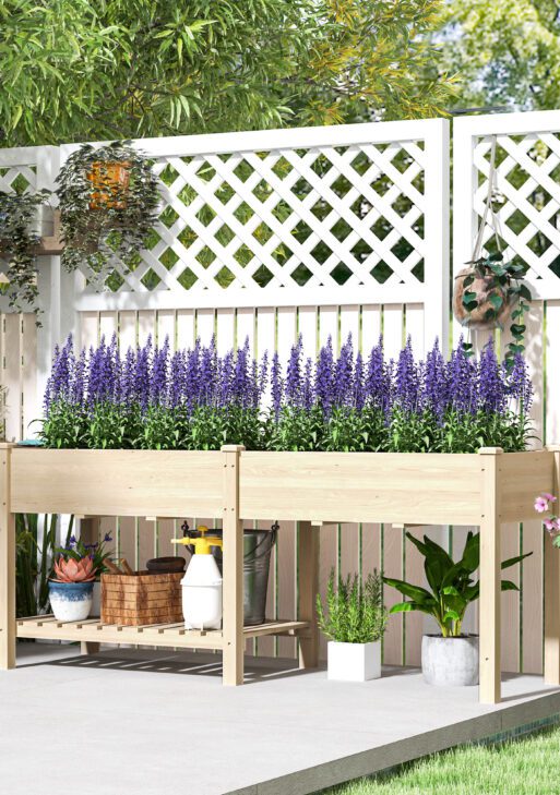 Wood Raised Garden Box, Elevated Garden Bed with Side Table, Bottom Shelf, Bed Liners and Drainage Holes, Natural