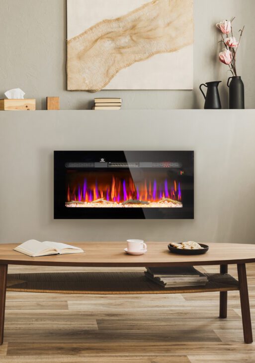 36" Recessed or Wall Mounted Electric Fireplace Heater with Remote Control, Adjustable Flame Color and Brightness