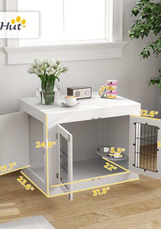 Dog Crate Furniture with 360° Rotatable Removable Dog Bowls, Dog Kennel Furniture for Medium Dogs, White