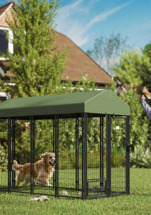 Outdoor Dog Kennel with Rotating Bowl Holders, Pet Playpen with Waterproof Cover, 8' x 4' x 6', Green