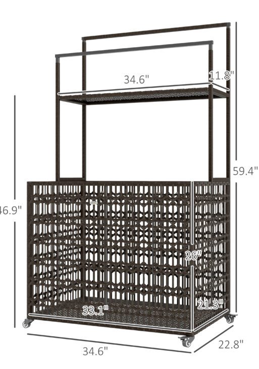 Wicker Pool Float Storage Organizer, PE Rattan Pool Float Holder with Basket Shelf Towel Bars, Rolling Pool Caddy for Floaties, Noodles, Life Vests, Beach Balls, Brown
