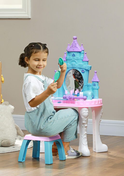 Kids Vanity Set with Mirror and Stool, Light, Music, Castle Design Makeup Table for Girls 3-6 Years, Multicolor
