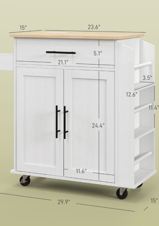 Rolling Island with Wheels for Kitchen, Kitchen Island on Rollers with Power Outlets, Drawer, and Doors, White