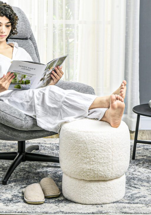 Round Ottoman, Upholstered Foot Stool, Teddy Fleece Fabric for Living Room, Entryway, White
