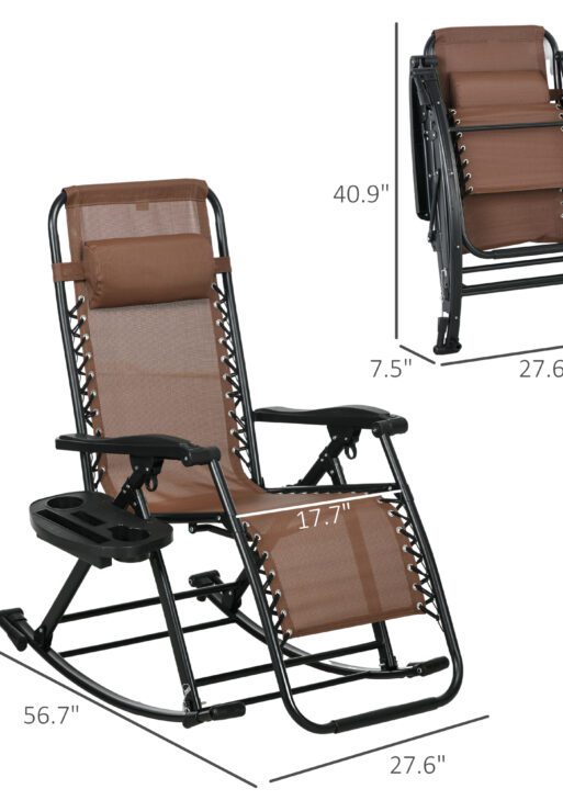 2 Outdoor Rocking Chairs Foldable Reclining Zero Gravity Lounge Rockers w/ Pillow Cup & Phone Holder, Brown