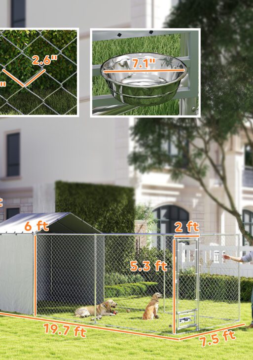 Galvanized Chain Link Large Outdoor Dog Kennel with Waterproof & UV-Resistant Cover, for M&L Dogs, 19.7' x 7.5' x 7.5'