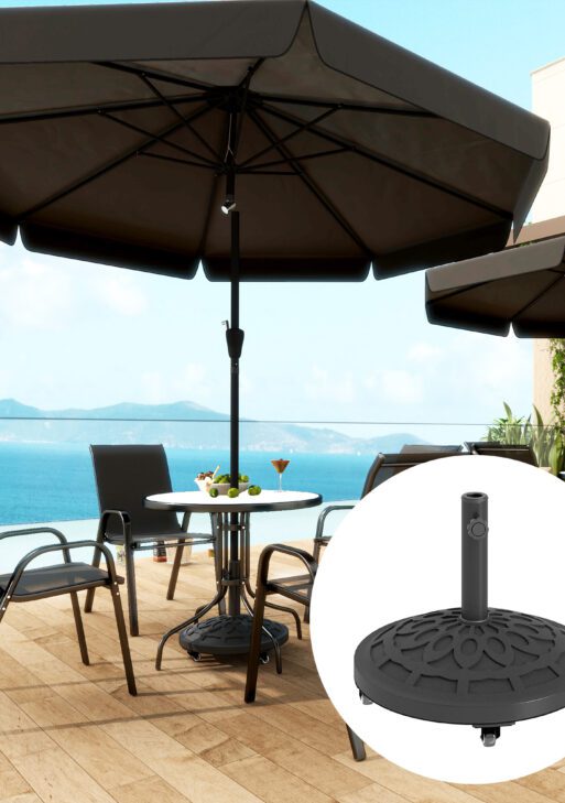 Round Patio Umbrella Base with Wheels, 46 lbs Resin Umbrella Stand Base, Heavy Duty Patio Umbrella Holder for 1.3"/1.5"/1.9" Umbrella Poles for Outdoor, Lawn, Poolside, Black