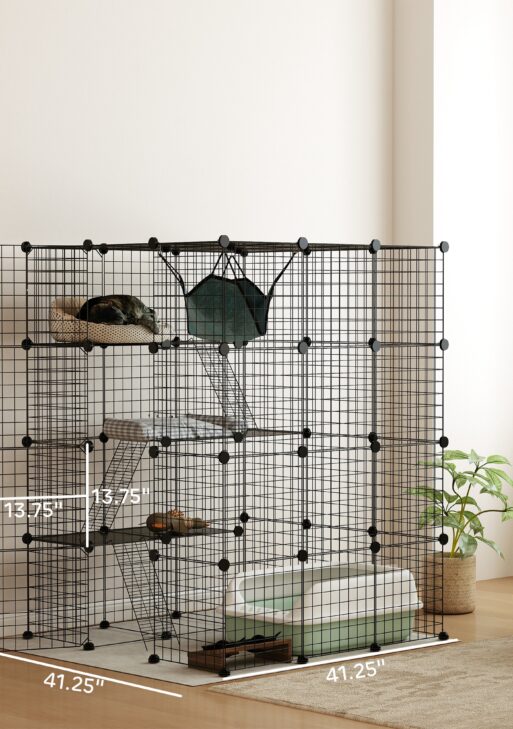 DIY 4 Tier Cat Cage Indoor with Hammock, Ramps, Jumping Platforms, Doors, Cat Enclosure for 1-3 Cats, 3 x 3 x 4, Black