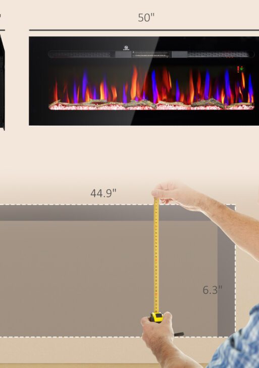 50" Recessed or Wall Mounted Electric Fireplace Heater with Remote Control, Adjustable Flame Color and Brightness