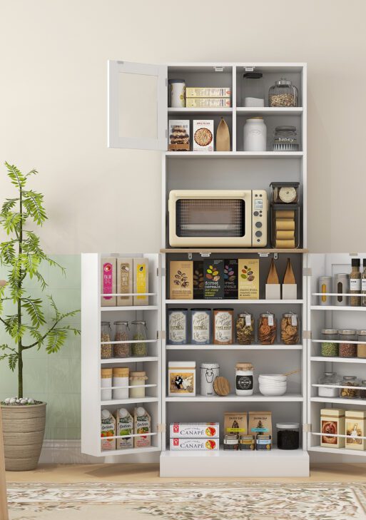 66.5" Tall Kitchen Pantry Cabinet, Kitchen Hutch, Microwave Cabinet with Adjustable Shelves for Dining Room, White