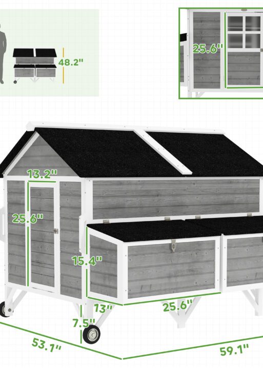 59" Wooden Chicken Coop w/ Wheels, Handles, 2 Nesting Boxes, 2 Trays, 4 Perches, Chicken Tractor for 4-6 Chickens, Gray