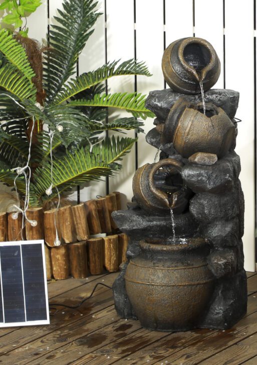 28.3" Solar Water Fountain, 4-Tier Resin Cascading Jars and Stacked Stones Outdoor Waterfall Fountain with LED Lights