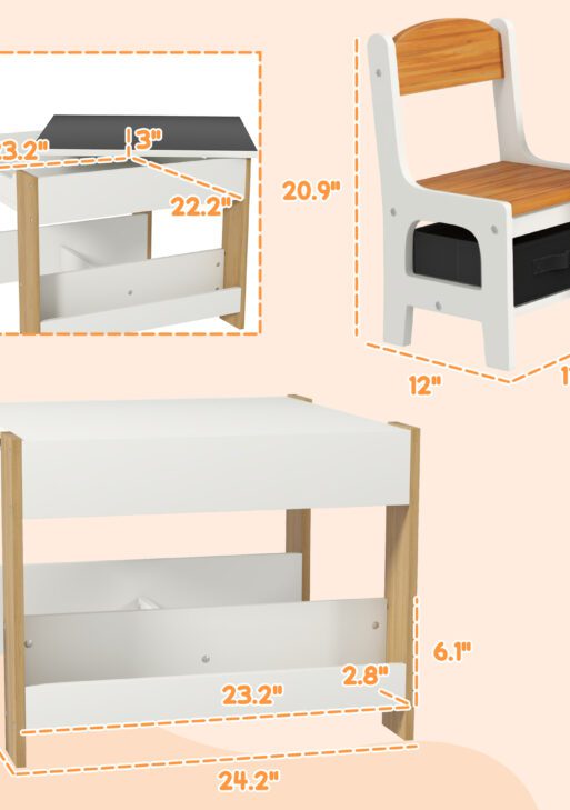3pc Kids Table and Chair Set with Reversible Tabletop Blackboard, Storage & Bookshelves, Natural