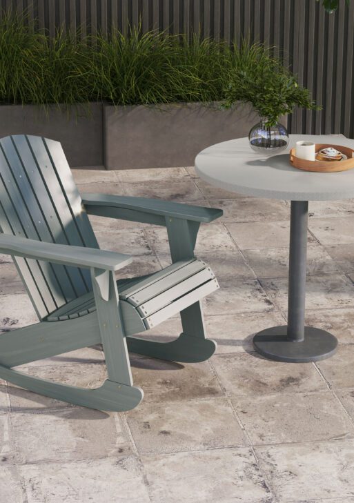 Wood Adirondack Outdoor Lounge Rocking Chair Fire Pit Seating with Slatted Wooden Design, Fanned Back, Gray