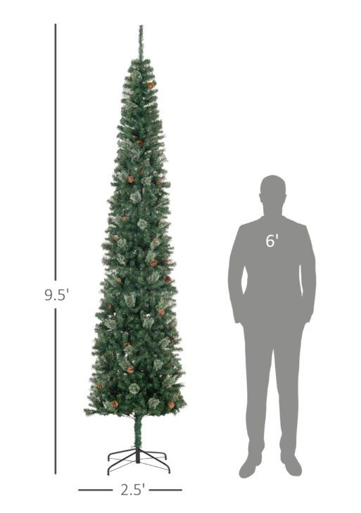 9.5ft Pencil Christmas Tree, Slim Xmas Tree with Realistic Branches, Pine Cones and Metal Base, Green