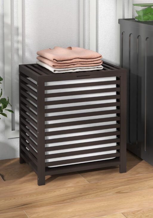 55 L Bamboo Laundry Basket with Lid, Cloth Hamper with Removable Liner Bag, 19.75 x 14.25 x 23.5 Inches, Coffee