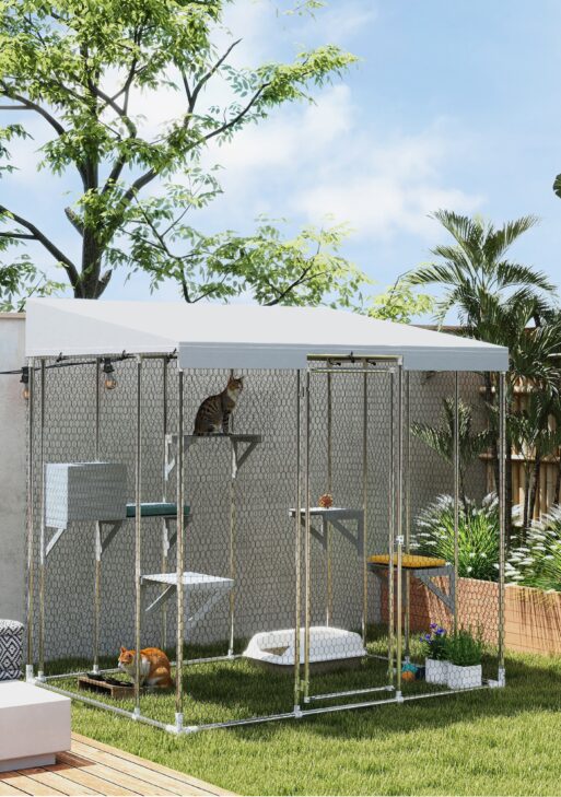 79" Galvanized Steel Large Catio with Waterproof Canopy, Sleeping Box, Jumping Platforms, for 1-3 Kittens, Silver