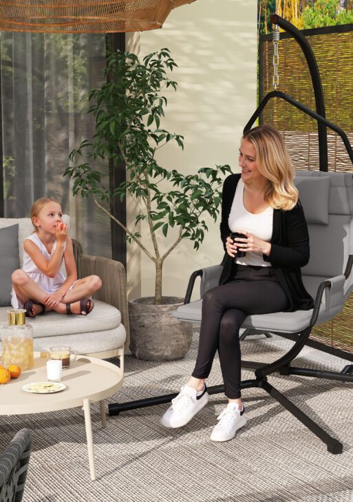 Hammock Chair with Stand and PA Coating Cushion, Hanging Swing Chair with Steel Frame for Indoor and Outdoor, Gray