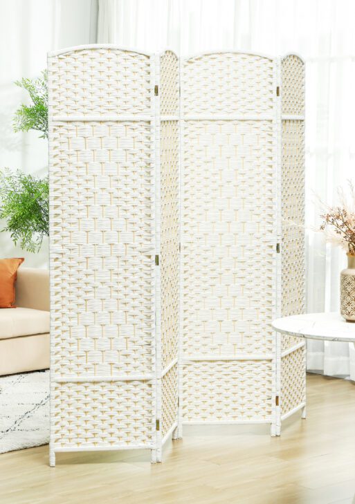 Folding Room Divider Screen 4 Panel 6' Tall Privacy Screen Freestanding Wood Partition for Home Office, White