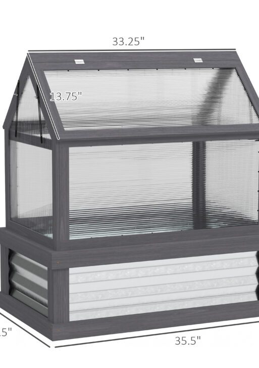 Raised Garden Flower Bed Kit with Greenhouse, Wooden Cold Frame Planter, 35.5" x 22.5" x 38.25", Gray