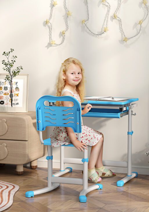 Height Adjustable Kids Desk and Chairs Set with Tilt Desktop, Storage Drawer, Pen Slot, Hook, Blue