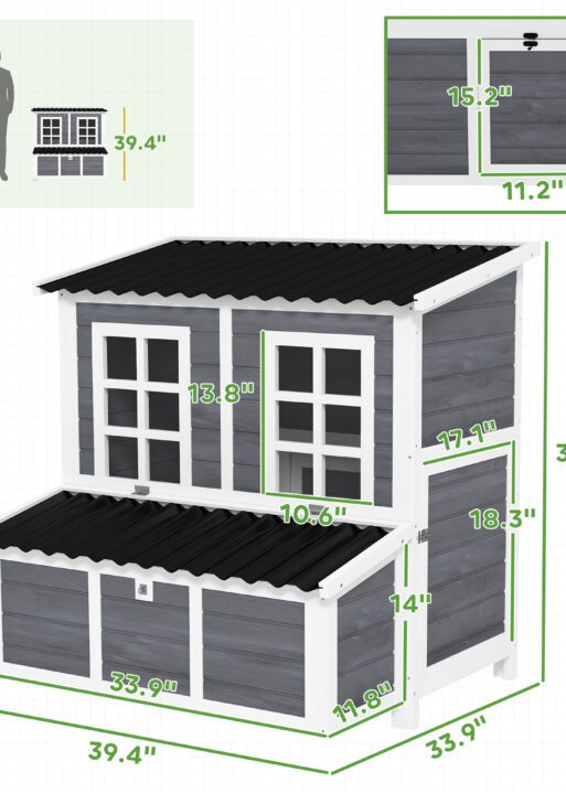 Wooden Chicken Coop with Nesting Box, Pull-Out Tray, Waterproof Roof, 39" Chicken House for 4-6 Chickens, Rabbits