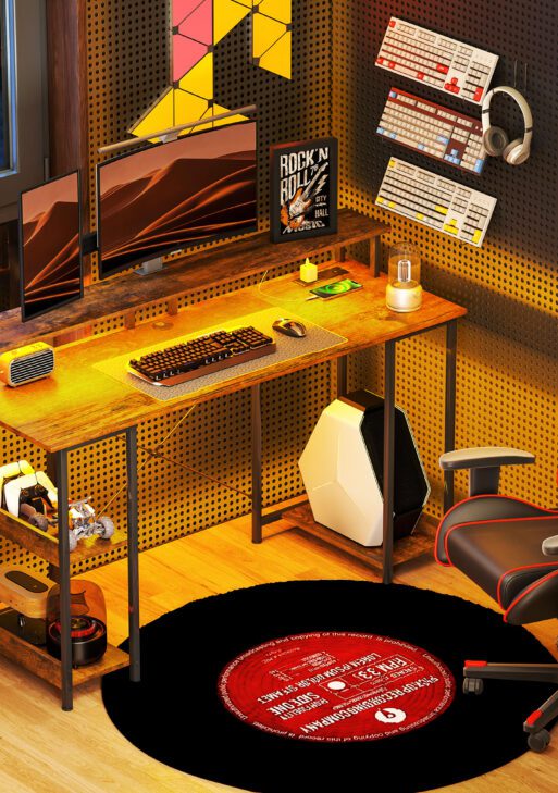 Computer Desk with Storage, 55" Reversible Computer Table with Power Outlets and LED Lights, Rustic Brown