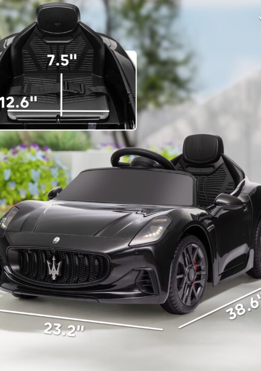 Maserati Gran Turismo Licensed 12V Kids Electric Car w/ Remote Control, Soft Start, LED Lights, Music, Horn, Black
