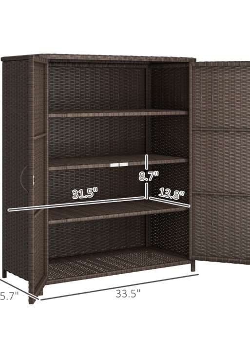 Rattan Wicker Outdoor Storage Cabinet with 4 Shelves and 2 Doors for Garden Pool Towel Storage, Coffee