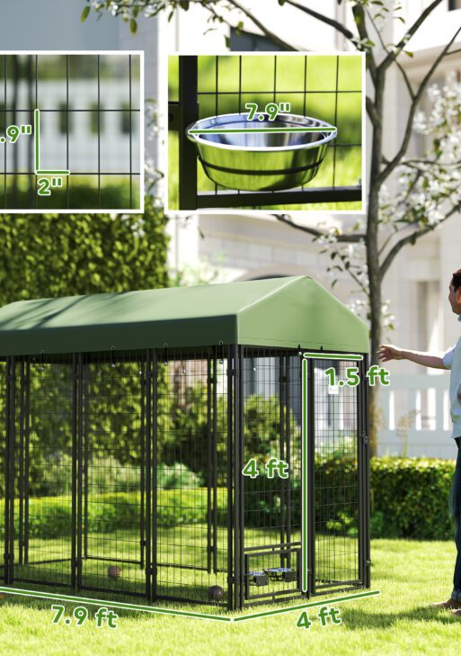 Outdoor Dog Kennel with Rotating Bowl Holders, Pet Playpen with Waterproof Cover, 8' x 4' x 6', Green