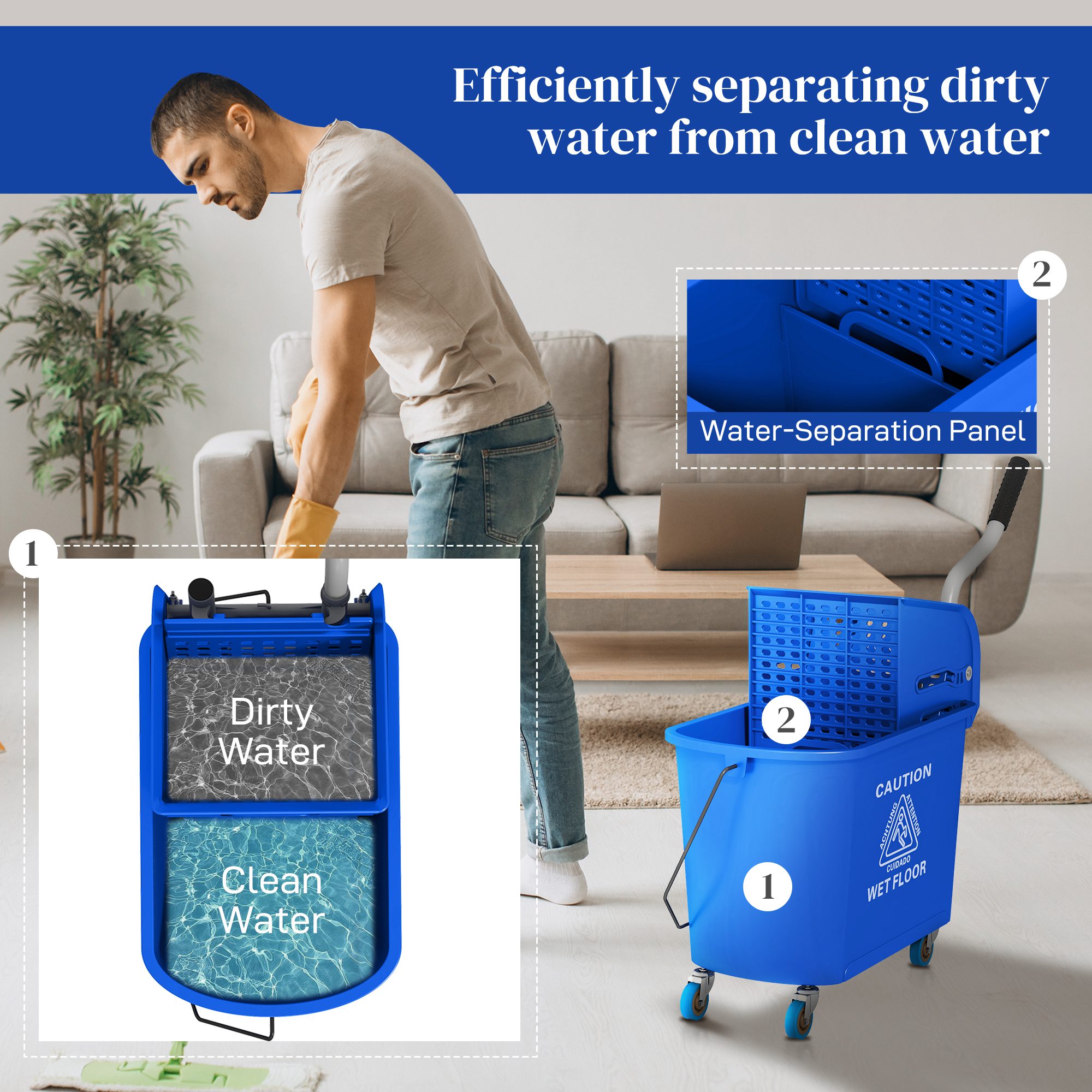 Compact Mop Bucket with Wringer, Mop Bucket on Wheels for Floor Cleaning, 21 Quart, Separate Dirty and Clean Water, Blue - Image 3