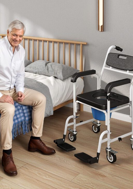 Rolling Shower Wheelchair for Seniors, Bedside Commode Chair with Locking Wheels, Seat, Backrest, Arms, Black