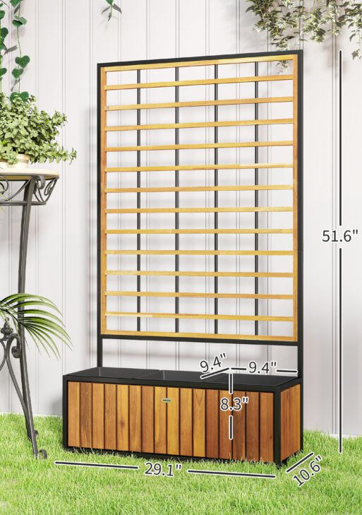 Wooden Raised Garden Bed with Trellis, Removable Pots for Backyard, Patio, Balcony, 29" x 11" x 52", Teak