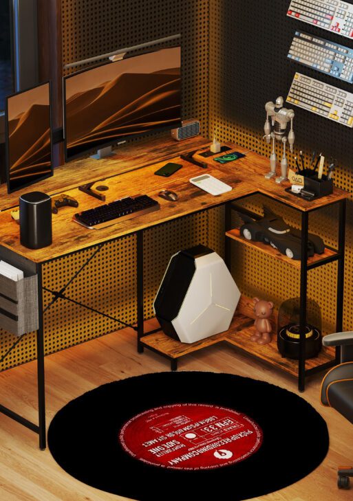 58" Reversible L Shaped Computer Desk, Corner Desk with Monitor Stand, Power Outlets and LED Lights, Rustic Brown