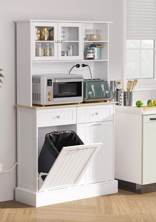 Kitchen Cabinet with Charging Station, 2 Tilt Out Cabinets, Microwave Stand, Freestanding Kitchen Pantry Cabinet, White