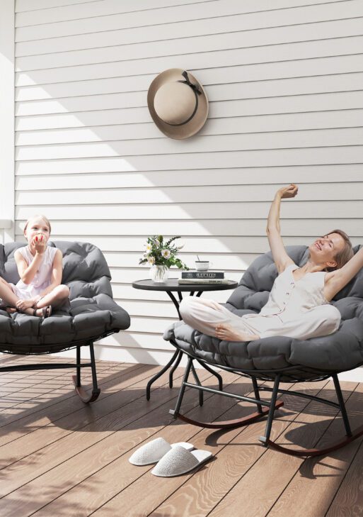 Outdoor Rocking Chair Patio Set of 2, Oversized Rocking Papasan Chairs with Cushions for Garden Porch, 265 lbs., Gray
