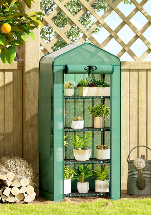 Mini Greenhouse with Screen Roof, 4 Tier Portable Small Greenhouse with High Strength PE Cover, Green