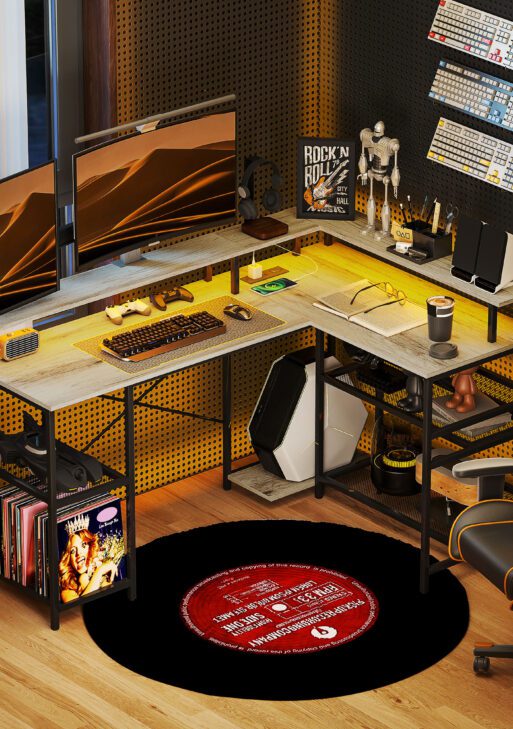 59" L Shaped Desk with Storage, Corner Desk with LED Lights and Power Outlets for Home Office, Small Space, Gray