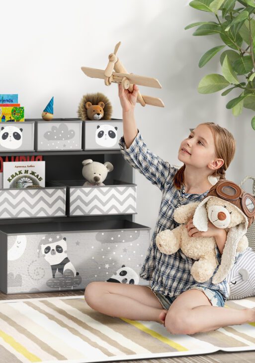 Toy Organizer with 6 Storage Bins, 25" x 12" x 26", Gray