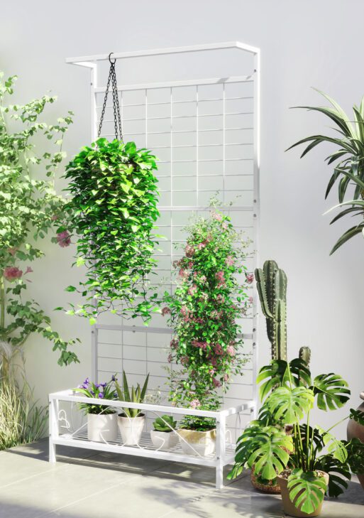 Metal Tall Plant Stand with Trellis and Hanging Bar, Plant Holder for Indoor Outdoor Use, 35" x 12.8" x 74", White