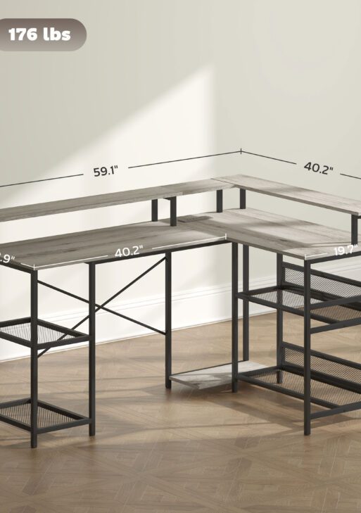 59" L Shaped Desk with Storage, Corner Desk with LED Lights and Power Outlets for Home Office, Small Space, Gray