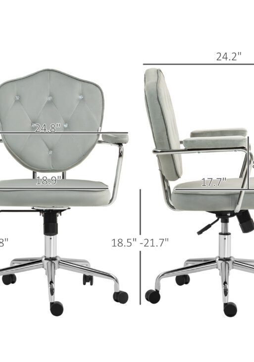 Cute Office Chair, Desk Chair with Button Tufted Velvet-Feel Fabric, Swivel Computer Vanity Chair, Gray