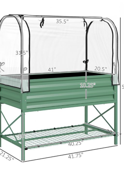 Raised Garden Bed with Legs and Cover, Metal Elevated Planter Box with Bottom Shelf and Liner for Vegetables, Green