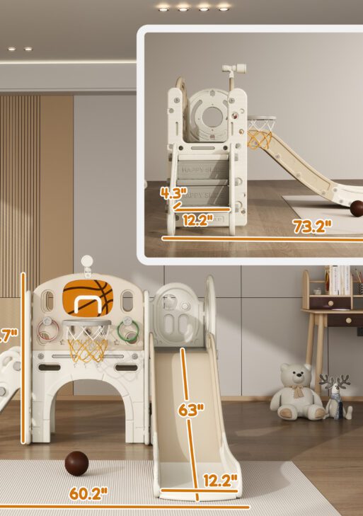 7-in-1 Toddler Slide, Kids Slide for Ages 1-6 Years w/ Ring Toss, Basketball Hoop, Telescope Climber, Storage Space