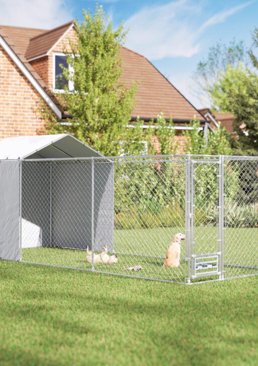Galvanized Chain Link Large Outdoor Dog Kennel with Waterproof & UV-Resistant Cover, for M&L Dogs, 19.7' x 7.5' x 7.5'